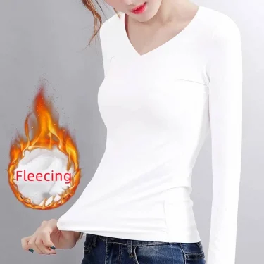 O Neck Long Sleeve Shirt Women Bottoming Cropped Tops Black Casual Slim Basic Velvet Heating Fiber Thermal T-Shirts 3