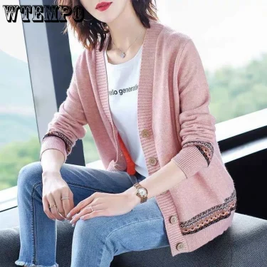WTEMPO Spring Autumn Solid Color Women's Knitted Cardigan Long Sleeve Korean Loose V-Neck Button Sweaters Coat Female Clothing 3