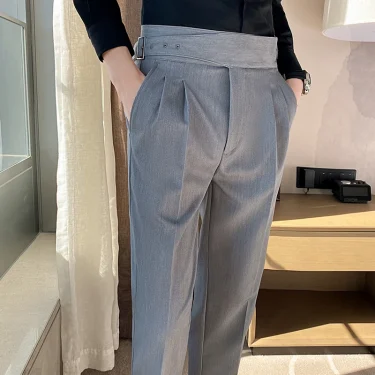 British Style Men High Waist Casual Dress Pant Men Belt Design Slim Trousers Formal Office Social Wedding Party Dress Suit Pants 3