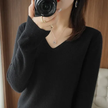 Autumn And Winter Cashmere Sweater New Women's V-neck Pullover Lace Neck Hollow Out Design Casual Knitted Long Sleeve Women's 5