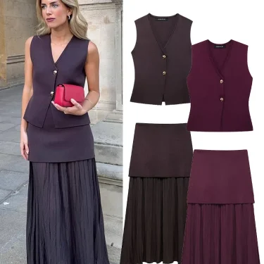 Women 2 Piece Set V-Neck Sleeveless Button Knitted Vest Top+Elegant Splicing High Waist Zipper Long Skirts Holiday Suits 2