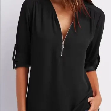Hot Sale Women Cool Loose Shirt Deep V Neck Chiffon Fashion Blouse Casual Ladies Tops Sexy Zipper Pullover Plus Size 2