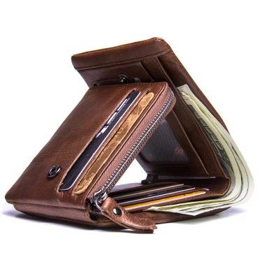 CONTACT'S Genuine Crazy Horse Leather Men Wallets Vintage Trifold Wallet Zip Coin Pocket Purse Cowhide Leather Wallet For Mens