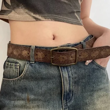 Pattern Print Retro Y2K Belts For Women Luxury Designer Brand Buckle Pin Waist Belt Female Pu Leather Hip Hop Fashion Waistband 2