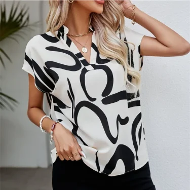Women Summer Simple Style Blouses Shirts Lady Casual Short Batwing Sleeve V-Neck Printed Blouse Tops 4