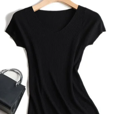 Pullover knitted Short Sleeve knitted Sweater Women Spring Summer Slim Basic Solid Casual Base Female knitting shirtsKorea 5