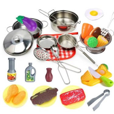 28Pcs Pretend Play Kitchen Toys, Kitchen Playset Cooking Toys Set with Stainless Steel Cookware and Accessories for Kids