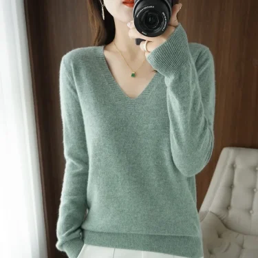 Women's Sweater Autumn Winter Knitted Pullovers V-neck Slim Fit Bottoming Shirt Solid Soft Knitwear Jumpers Basic Sweaters 1