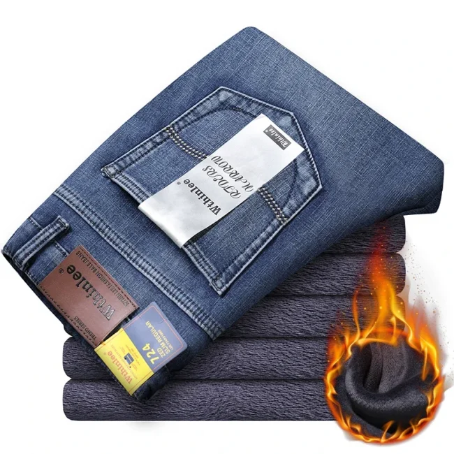 WTHINLEE Winter New Casual Men's Warm Fleece Jeans Classic Business Thicken Fur Regular Fit Denim Pants Brand Plush Trousers 3