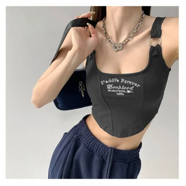 Striped bra pad sexy tank top Y2K solid color short women's T-shirt tank top exposed navel top sleeveless exposed navel top tank 5