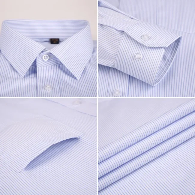 High Quality Cotton Men Dress Long Sleeve Shirt New Solid Male Plus Size Regular Fit Stripe Business Shirt White Blue 6