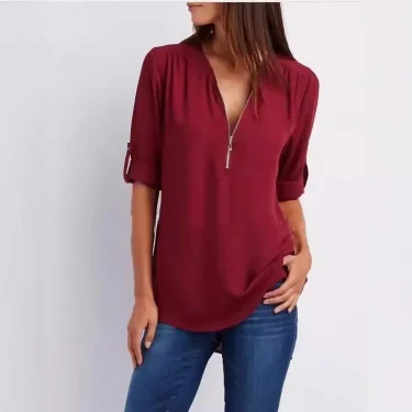 Hot Sale Women Cool Loose Shirt Deep V Neck Chiffon Fashion Blouse Casual Ladies Tops Sexy Zipper Pullover Plus Size 4