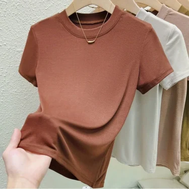 Crew Neck Fashion Women T Shirt Street Casual T-Shirt Solid Plus Size Top Tees Sexy Slim Summer Short Sleeve Women's Clothing 6