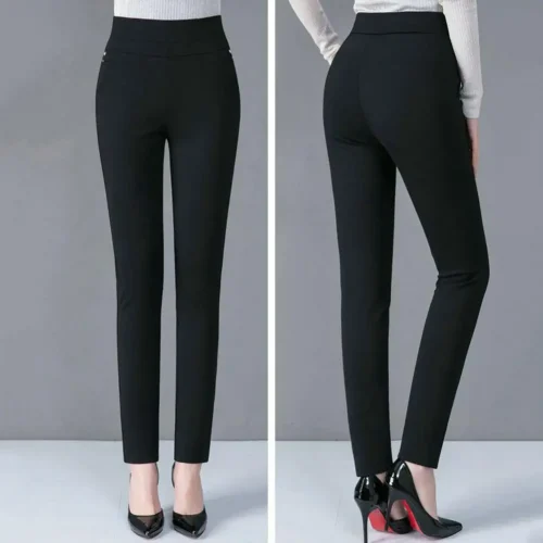 Mother Spring Pants High Waist Casual Stretch Pockets Solid Color Match Top Slim Fit Pencil Pants Women Clothing 1