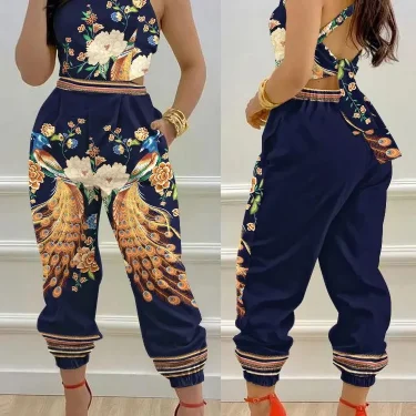 New Summer Fashion Printed Sleeveless Jumpsuit Sexy Hollow Backless Lace Up Long Jumpsuits Elegant Casual Jumpsuit With Pocket 2