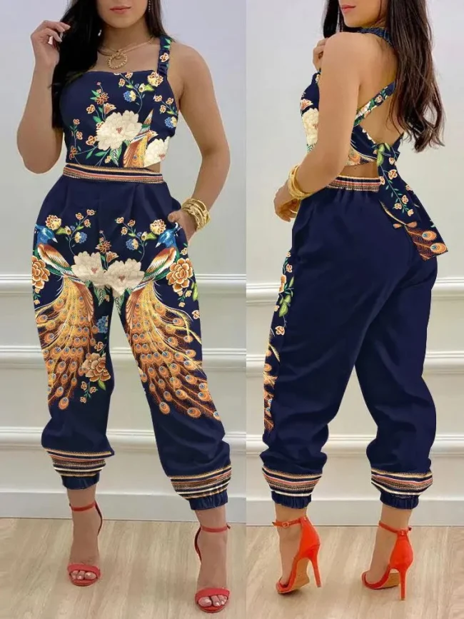 New Summer Fashion Printed Sleeveless Jumpsuit Sexy Hollow Backless Lace Up Long Jumpsuits Elegant Casual Jumpsuit With Pocket 2
