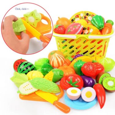 Cutting Play Food Toys Kitchen Pretend Fruit and Vegetables Accessories with Shopping Storage Basket Educational Toy for Toddler