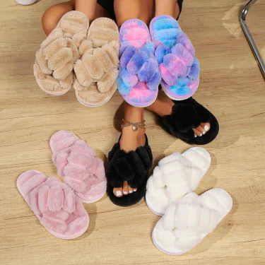 Popular Cross Furry Slippers Female Fluffy Slides Autumn Winter Outdoor Fashion Sexy EVA Light Flip Flops Sweat Soft Flat Shoes 1