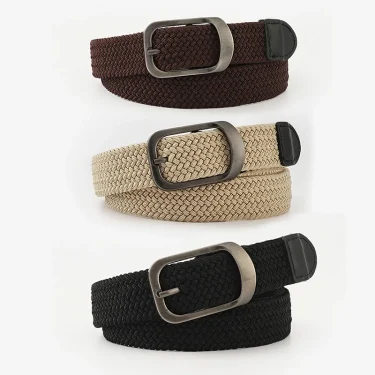 Unisex Eyeless Needle Metal Alloy Rectangle Buckle Woven Women's Belts Elastic Canvas Waistband Casual Pants Jeans Belt for Men 1