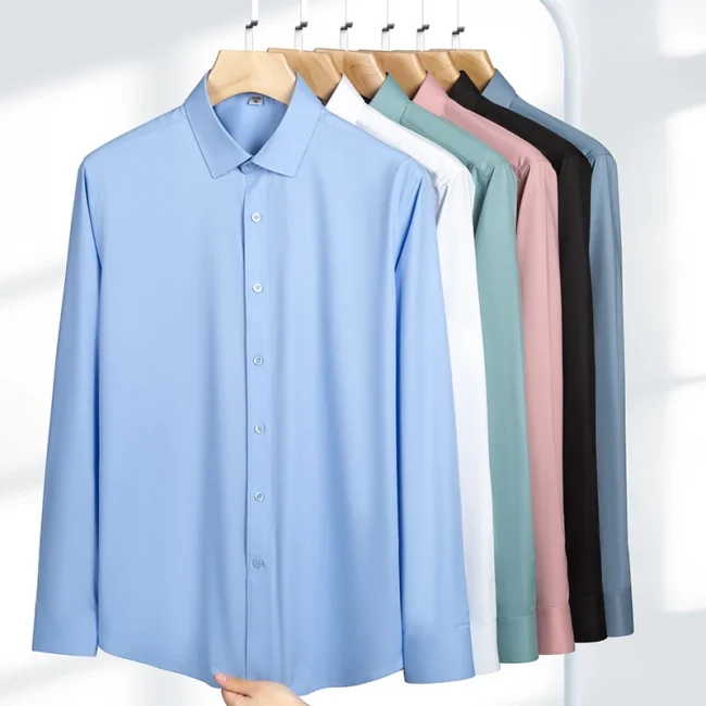 Quality Elasticity Anti-Wrinkle Men Shirt Long Sleeves Dress Shirts For Men Slim Fit Camisa Social Business Blouse White Shirt 3