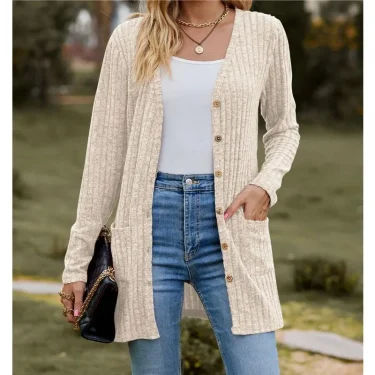 Autumn New Women's Milled Pit Stripe V-Neck Solid Colour Button Long Sleeve Ladies Casual Extensions Cardigan Jacket Coat 2