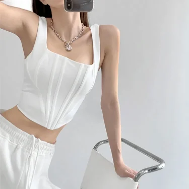 Summer Crop Tops Sexy Square Neck Tight Backless Short Top Sleeveless Tank Tops Women Casual Solid Color Basic Camisole 3