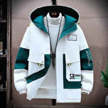 Autumn/Winter Trendy Hooded Jacket Color Matching Windproof Plush Thick Insulation Jacket Printed Men's Outdoor Clothing Casual 1