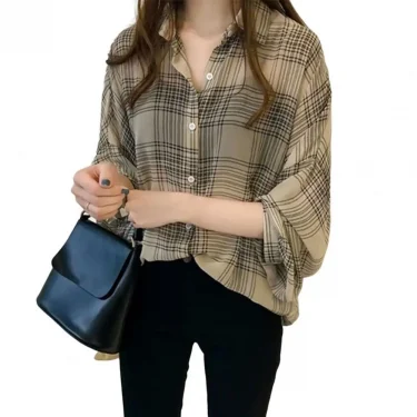 Fashion Casual Thin Chiffon Loose Batwing Sleeve Plaid Women Shirt 2022 Office Lady All-match Lapel Button Oversize Woman Blouse 4