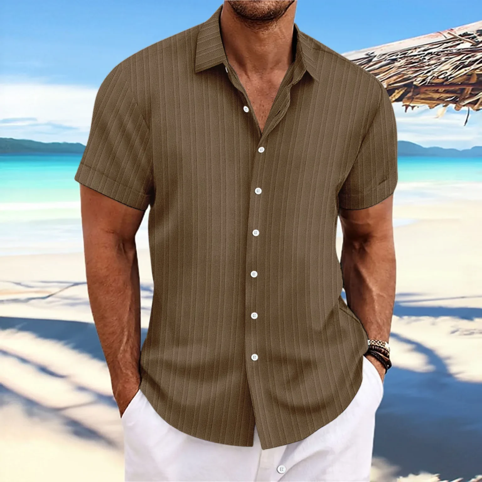Men's striped jacquard lapel casual fashion comfortable loose short sleeve Hawaiian multicolor shirt 4
