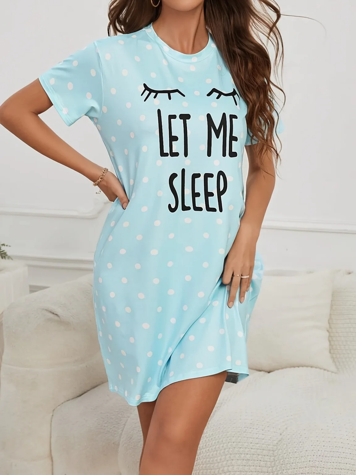 Let Me Sleep Printed Plus Size Women's Nightgowns Home Ice Silk Dresses Short Sleeve Dresses Pajamas for Girls with Large Busts 6
