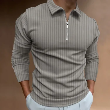 Fashion Solid Color Vertical Print Men's Long Sleeve Zipper Polo Shirt Autumn Man's Classic Casual Business Oversized Polo Shirt 6
