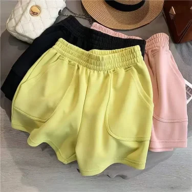 Women's Shorts with Pocket Summer Solid Color High Waist Hot Pants Casual Loose Sports Pants Elastic Waist Girls Cycling Shorts 2