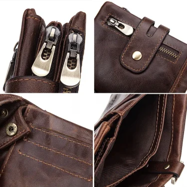 100% Genuine Leather Men Wallet Coin Purse Small Mini Card Holder Chain PORTFOLIO Portomonee Male Walet Pocket Quality 6