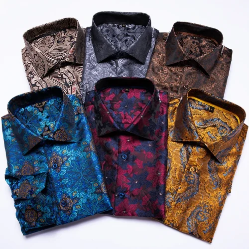 Hi-Tie Blue Men's Shirts Paisley Floral Silk Gold Long Sleeve Casual Shirts For Men Jacquard Male Business Party Wedding Dress 1