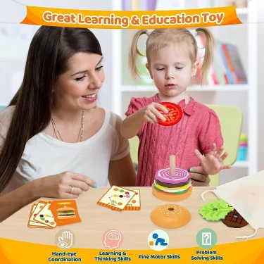 Montessori Wooden Burger Stacking Toys For Toddler Kids Preschool Learning Educational Toys Fine Motor Skill Kitchen Toys Gift 3