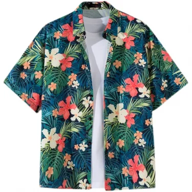 Men Street Fashion Summer Daily Shirt Hawaiian Cartoon Print Casual Loose Shirts Short Sleeve Beach Loose Tops 2