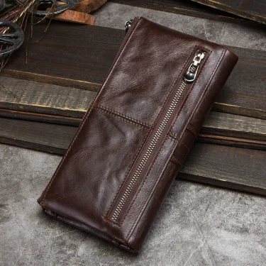 Genuine Leather Long Wallets for Men Vintage Card Holder Coin Purses Money Clips Phone Pocket Male Name Engrave Wallet 2