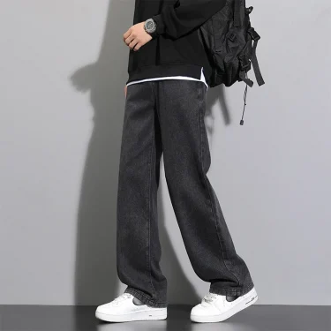 2025 New Korean Men's Casual Long Jeans Classic Man Straight Denim Wide-leg Pants Solid Color Light Blue Grey Black 3XL 5