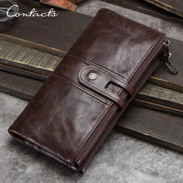 Genuine Leather Long Wallets for Men Vintage Card Holder Coin Purses Money Clips Phone Pocket Male Name Engrave Wallet 1