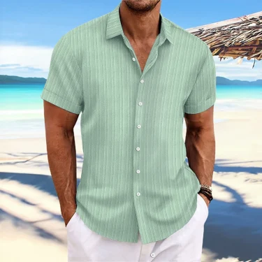 Men's striped jacquard lapel casual fashion comfortable loose short sleeve Hawaiian multicolor shirt 3