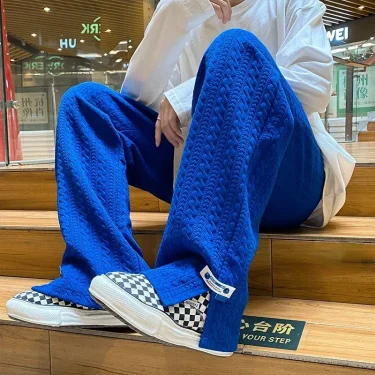 Men High Street Sweatpants Fashion Loose Casual Side Slit Straight-Leg Pants Vintage Blue Jacquard Casual Bottoms Male Clothes 1