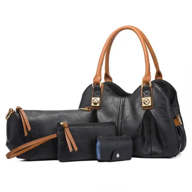 TRAVEASY Retro 4 Pcs Set Women's Bag Ruched Design Hard PU Leather Ladies Handbag Shoulder Bag Purse and Card Bag Set 6
