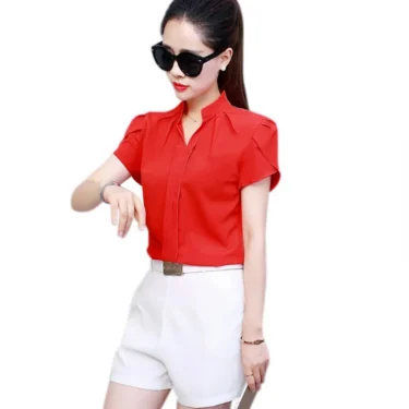 Women White Shirt Female Short Sleeve Shirt Fashion Leisure Chiffon Blouse Tops 5