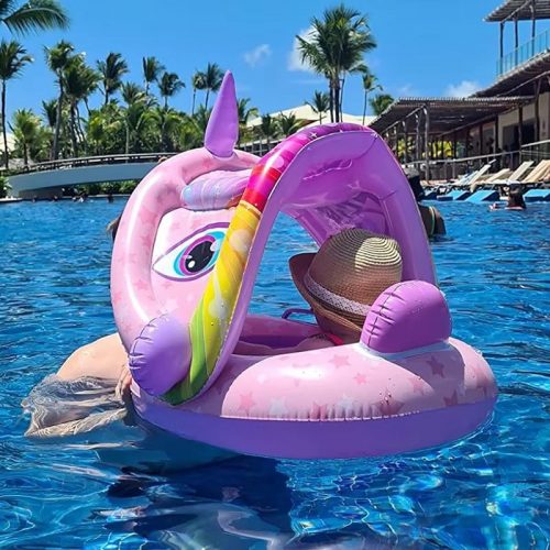 Baby Unicorn Swimming Float Ring Inflatable Infant Floating Removable Canopy Protection Sun Shelter Infant Summer Fun Pool Play