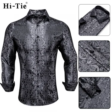 Hi-Tie Blue Men's Shirts Paisley Floral Silk Gold Long Sleeve Casual Shirts For Men Jacquard Male Business Party Wedding Dress 3