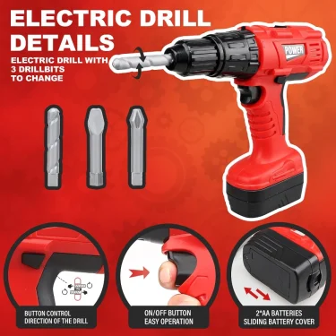 Children's Tool Set with Electric Toy Drill Kids Power Construction Toy Pretend Play Toy Tools Kit for Toddler Boys Girls Child 2