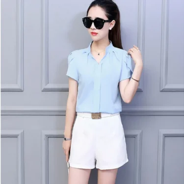 Women White Shirt Female Short Sleeve Shirt Fashion Leisure Chiffon Blouse Tops 3
