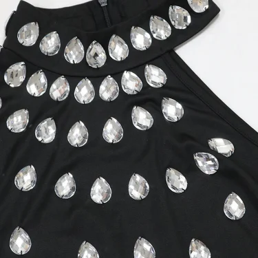 New Luxury Elegant Big Diamonds One Sleeve Black Bandage Beaded Evening Party Split Dress for Women Birtdhay Clubwear Prom Robe 5