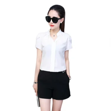 Women White Shirt Female Short Sleeve Shirt Fashion Leisure Chiffon Blouse Tops 6