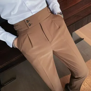 Nadir Coffee Color Men's Trousers Classic Trendy Paris Button Single Pleat Slims Smooths Your Silhouette Business Casual Pants 3